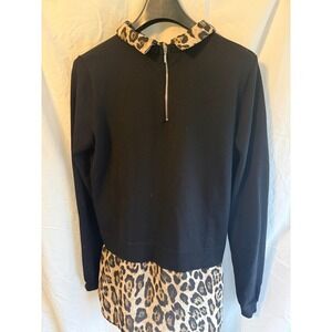 Marled Reunited Clothing Womens Large Black Leopard Print Quarter Zip Top